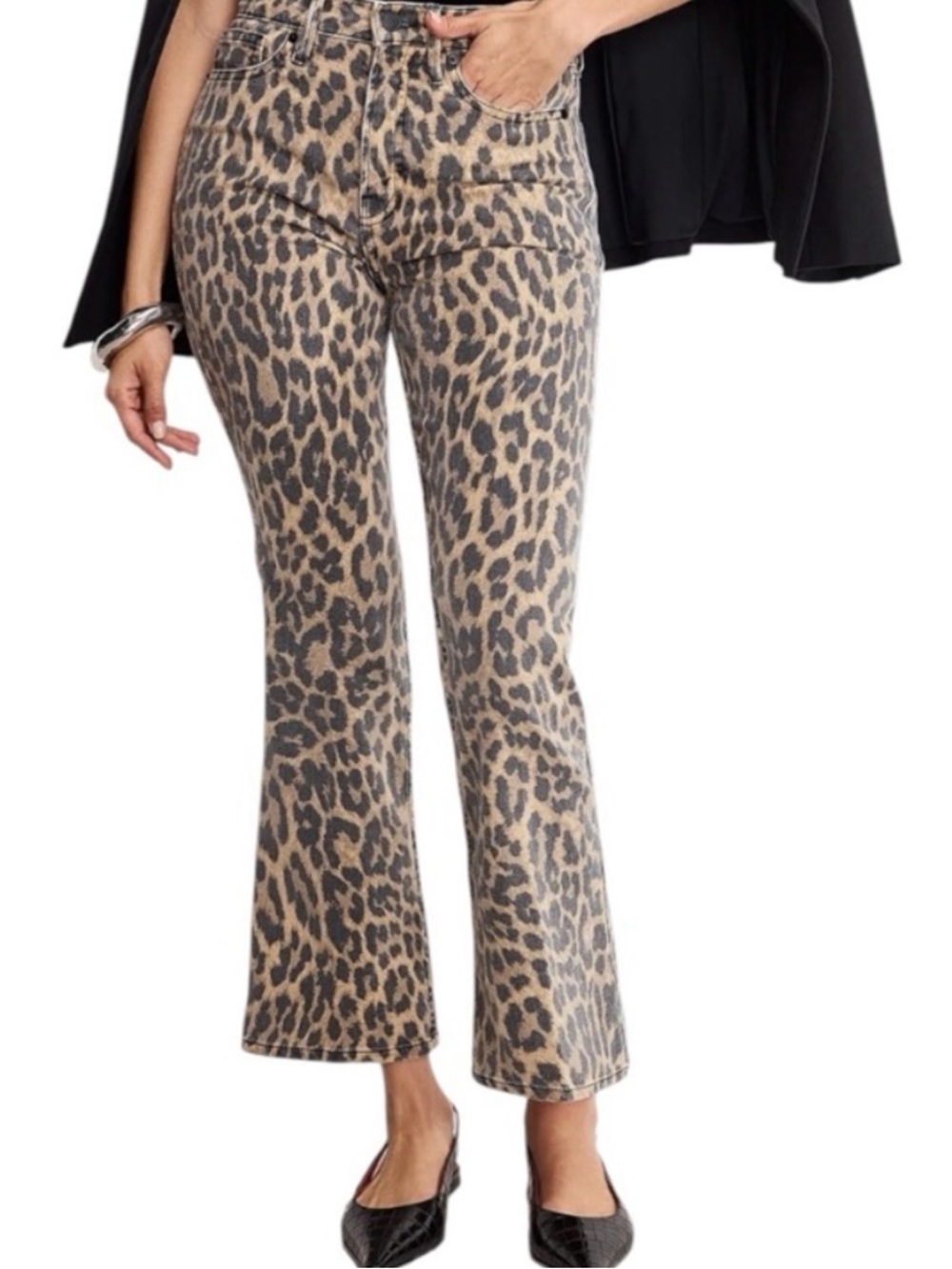 Good American Leopard Print Flare Jeans in Brown and Black